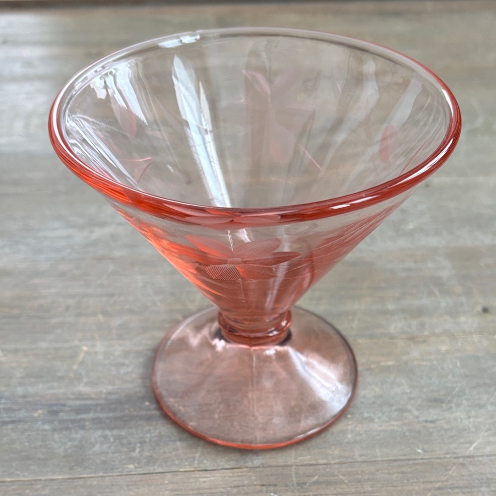 Vintage pink etched depression glass compote dish